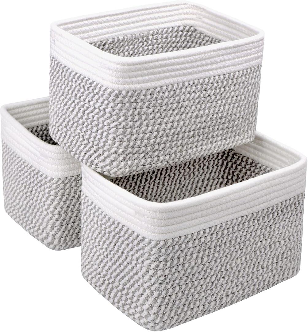 R RUNKA Small Cotton Rope Basket  Storage Bin for Organizing (10.6" x 6.7" x 6.7"), Bathroom Storage Basket for Shelf, Counter & ClosetWhite & Mixed Grey