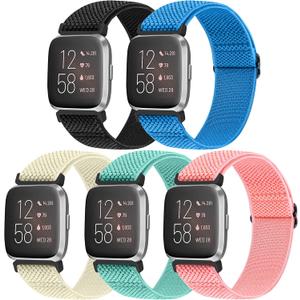Vodtian Elastic Bands Compatible with Fitbit Versa 2/Versa Watch Band, Adjustable Nylon Braided Bands Replacement Solo Loop Sport Straps Wristband for Women Men (Black+Blue+Off-white+Mint Green+Pink)