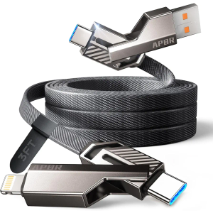 Apor USB C Cable, 60W 4 in 1 Charging Cable (3.3 ft) Flat Braided Nylon Multi Charging Cable Zinc Alloy House Type C/USB A for iPhone/Samsung/ipad