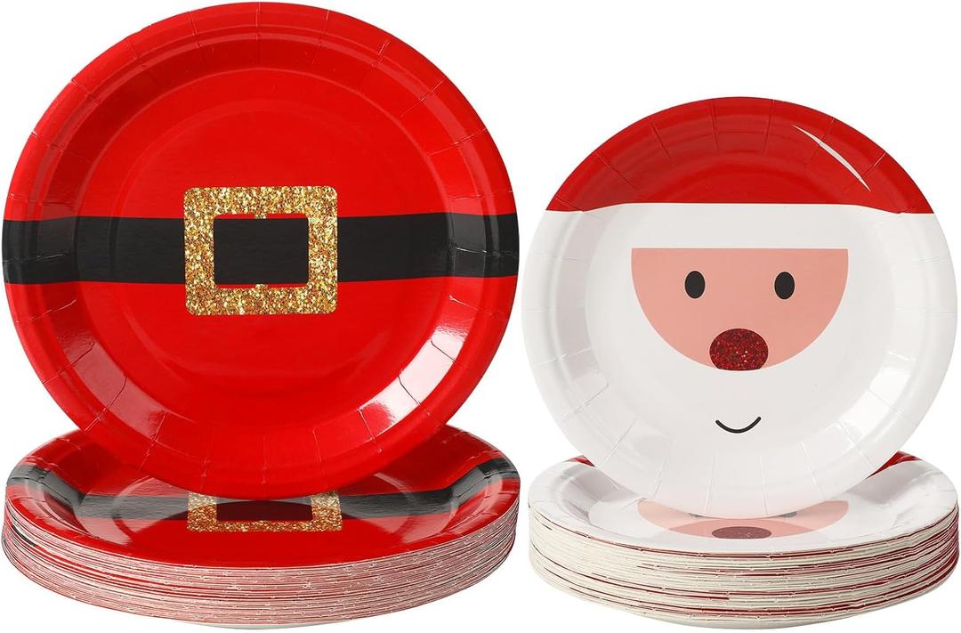 Cholemy 80 Pcs Christmas Disposable Plates Bulk Paper Santa Dinner Plates for Xmas Party Family Festive Holiday Party Supplies, 7 Inch & 9 Inch