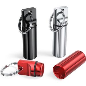 Small Portable Pill Box Keychain (3 Pack), Aluminium Alloy Mini Pill Organizer Case Container for Purse,Waterproof Metal Pill Holder Medicine Bottle for Outdoor Camping Travel(Black+Silver+Red)