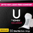 U by Kotex Balance Ultra Thin Pads with Wings, Regular Absorbency, 50 Count 