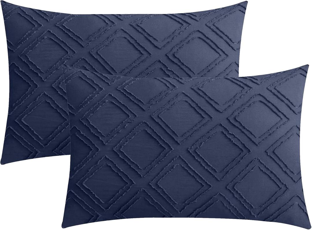 JELLYMONI Pillowcases Standard Size Navy Blue 2 Pack Boho Plaid Bed Pillow Covers 20x26in Polyester Envelope Pillow Shams Tufted Bohemian Textured (Pillows are not Included)