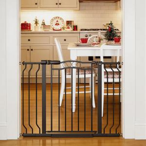 29.53"-43.30" Mornyray Auto-Close Baby Gate Extra Wide, Pressure Mounted Dog & Pet Gate for Stairs Doorways, No Drill Safety Barrier with Lace Design, Metal Child Proof Gate Indoor Outdoor, Black