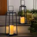 Solar Lantern Decorative Outdoor Set of 2 (18 & 15) Modern Black Metal Lanterns with Solar Candles, Decorative Candle Lanterns for Outdoor Porch, Patio, Garden, Yard Decor