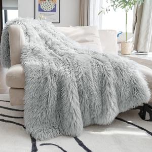 JONIYEAR Decorative 2.8" Long Hair Soft Fuzzy Faux Fur Throw Blanket 50" x 60",Luxury Reversible Fluffy Blankets for Couch Sofa Chair,Lightweight Accent Cozy Plush Thick Warm Shaggy Furry Blanket,Grey