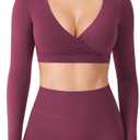 YEOREO Women Workout Long Sleeve Crop Tops Aberney Double Lined Deep V Cross Front Padded Yoga Cropped T Shirt (X-Small, Black Cherry)