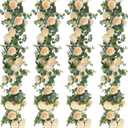 Riceshoot 4 Pack 26 ft Artificial Eucalyptus Vines Garland with Flowers Fake Floral Flower Garland Rose Wreath for Wedding Party Arch Table Decor Backdrop Decorations(Champagne)