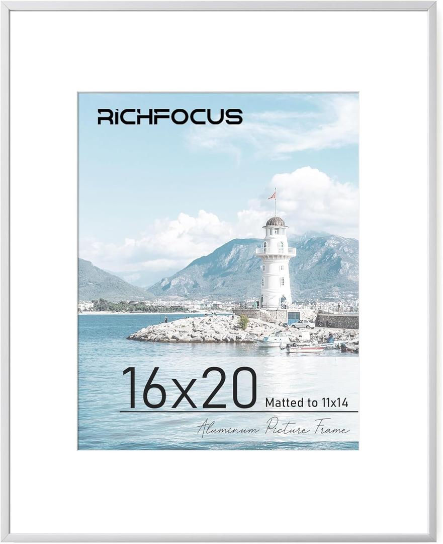16 x 20 Picture Frame with Mat for 11x14|16x20 Frame Silver|20x16 Metal Aluminum Picture Frames for Wall with Tempered Glass Hanging Hardwares Included, Set of 1 (16x20-1P-Tempered Glass)