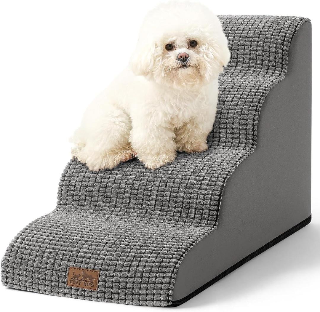 COZY KISS Dog Stairs for Small Dogs 19.7" H, Curved Dog Step for Puppy, Older or Cat, Medium Pet Ramp for Sofa, Couch or Bed, Ladder with High Density Foam, 4 Step, 15.7x28.3x19.7 inch, Dark Grey