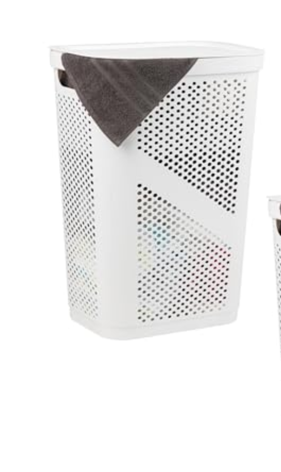 Mind Reader 60L Slim Laundry Hamper, Clothes Basket, Lid, Ventilated, Plastic, 17.25"L x 13.75"W x 23.5"H, Set of 1, White