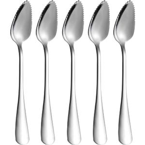 5 PCS Grapefruit Spoons, Stainless Steel Grapefruit Spoon Utensil Set, Serrated Edge & Thick Gauge Handle, Silver Kitchen Tool with Non-stick Plating for Kiwi, Dessert, Apple, Citrus Fruit