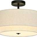 3 Light Semi Flush Mount Ceiling Light Fixture 15.7 Inch Modern Black Drum Ceiling Light Fixture with 2-Layer Fabric Shade Dimmable Close to Ceiling Light for Living Room Hallway Bedroom Entryway, 16 Inch