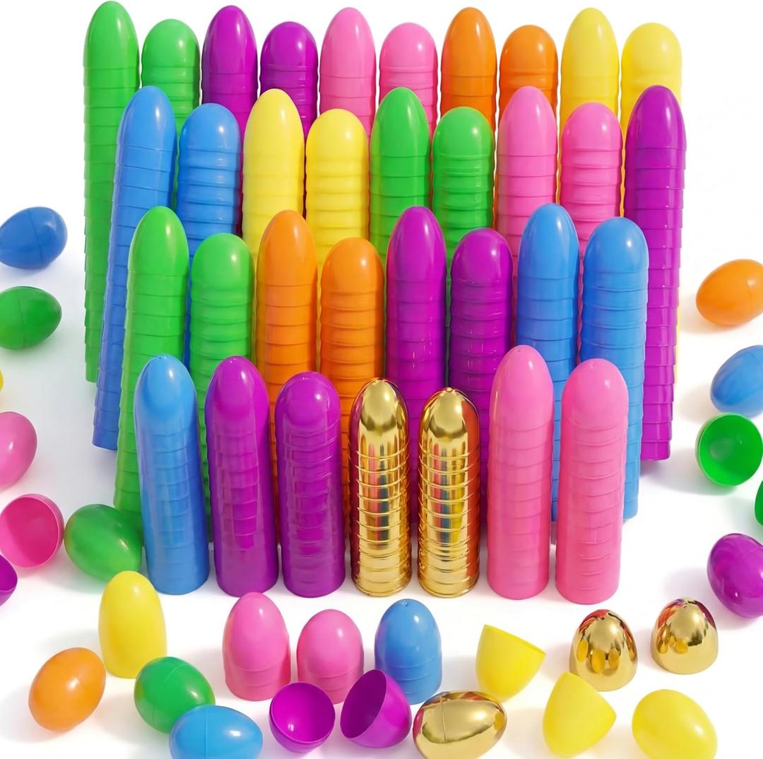 Qudoustar 100 Pack 2.4 Inch Fillable Plastic Easter Eggs Bulk Includes 6 Surprise Golden Eggs, Bright Colors Empty Eggs for Easter Hunt Basket Stuffers Party Favors Classroom Prize
