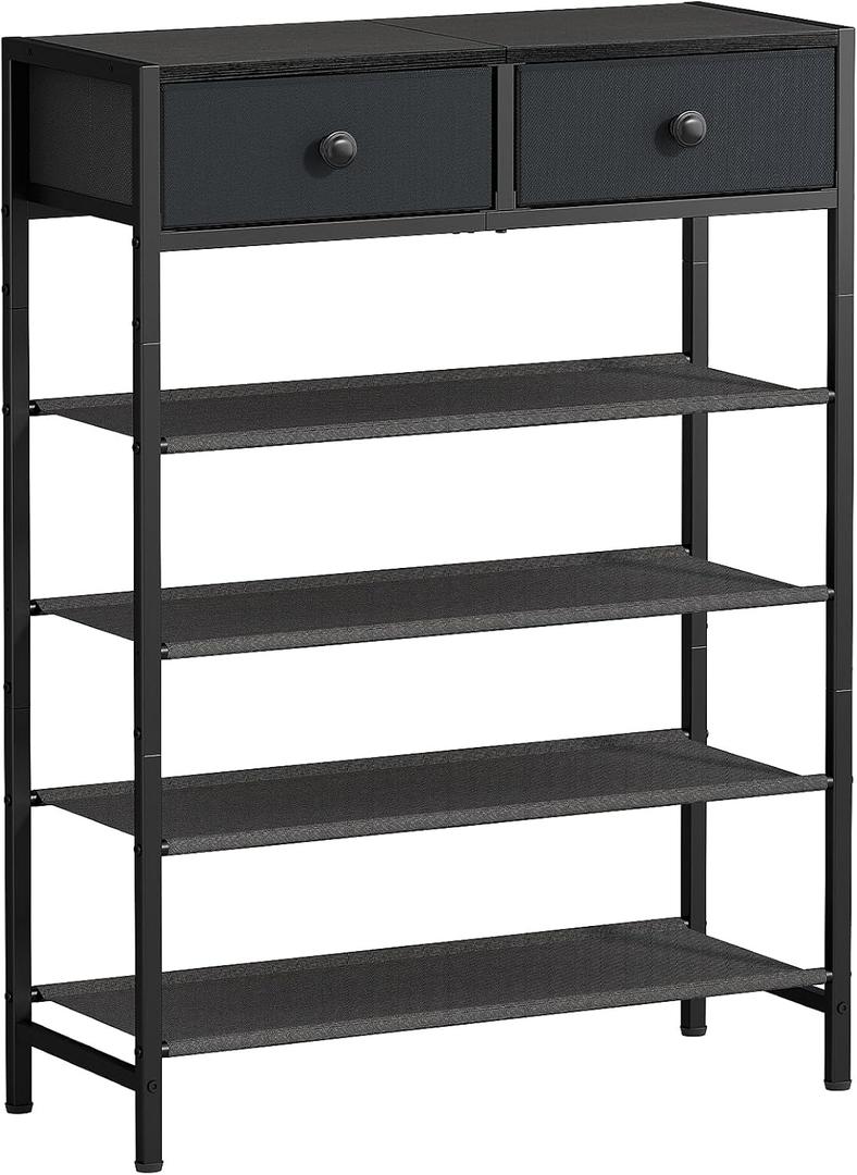 Shoe Rack, 5 Tier Shoe Organizer with 2 Drawers, Metal Shoe Storage for 16-20 Pairs of Shoes with Fabric Shelves and Wooden Top, Narrow Shoe Shelf for Closet Entryway Black Grey
