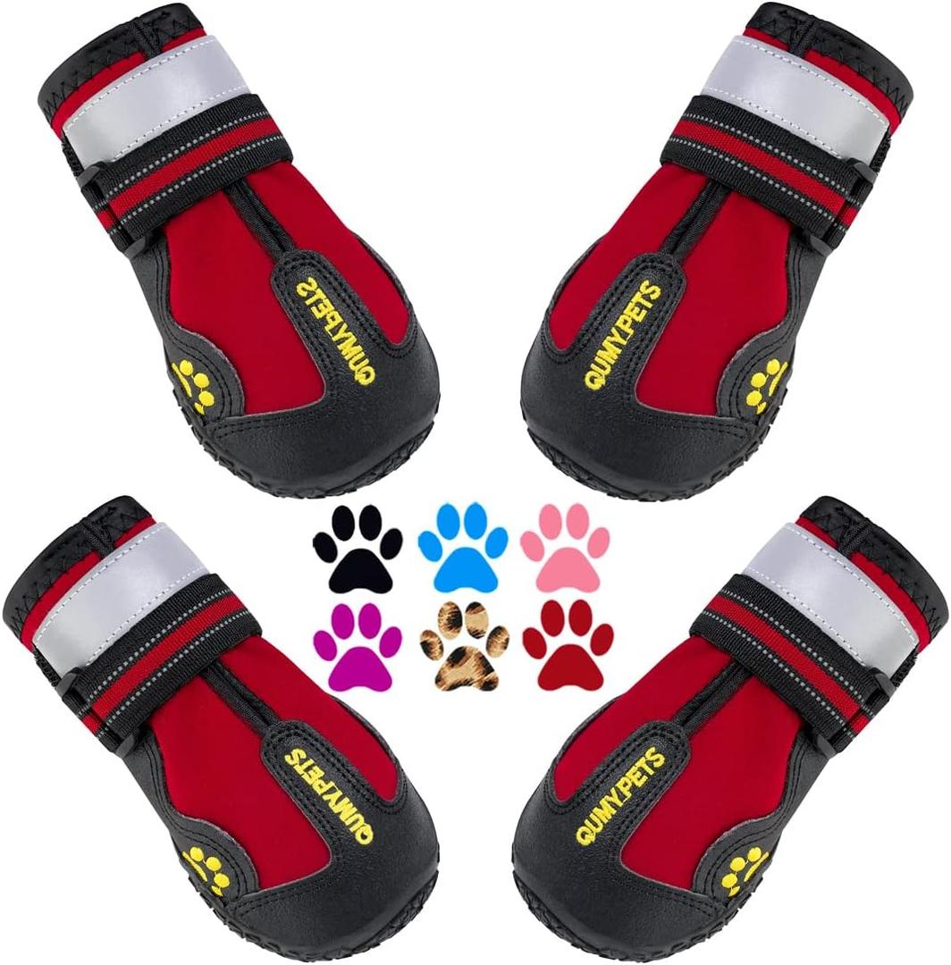 QUMY Dog Shoes for Large Dogs, Large Dog Boots & Paw Protectors for Winter Snowy Day, Summer Hot Pavement, Water-Resistant in Rainy Weather, Outdoor Walking, Indoor Hardfloors Skid-Resistant Sole, Red, Size 6: 2.6''x3.0''(W*L) (Pack of 4)