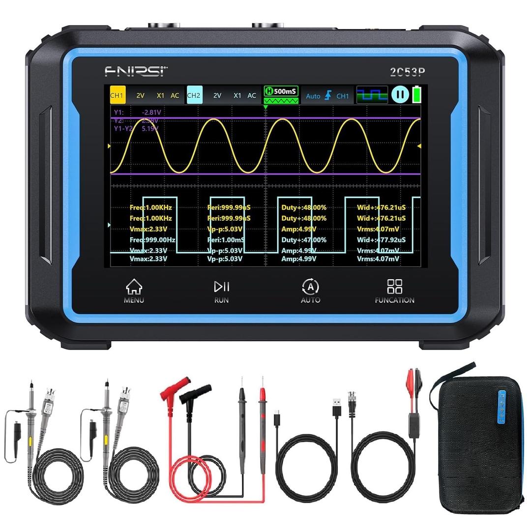 FNRSI 2C53P Plus Upgraded with Carrying CASE 3in1 Oscilloscope/Multimeter/DDS Signal Generator Tablet Touch Screen Portable Digital Automotive Oscilloscope 2 Channel 50MHz Bandwidth 250Ms/S Counts
