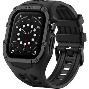 Nereides Rugged Case with Band for Apple Watch Series 9/8/7/6/5/4/SE 3/SE 2/SE 44mm/45mm, Breathable TPU Sport Strap + PC Protective Bumper, Shock-Resistant, Sweat & Water-Resistanty (Black)