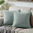 Fancy Homi Pack of 2 Farmhouse Decorative Throw Pillow Covers with Pom-poms, Soft Corduroy Solid Square Cushion Cases Set for Couch Sofa Bedroom Car Living Room (16x16 Inch/ 40x40 cm, Grey Blue)