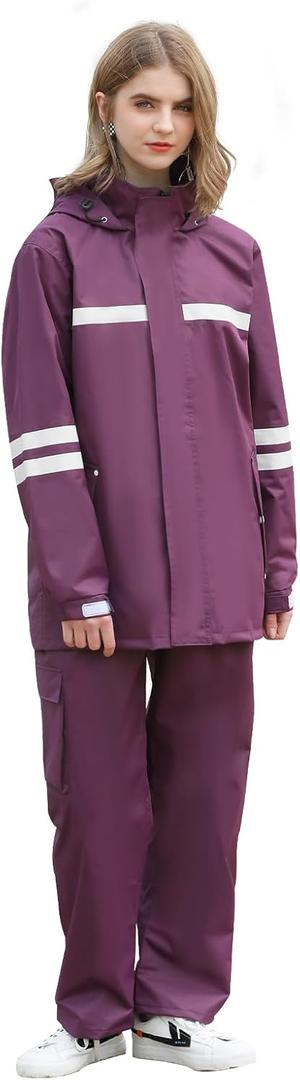 Waterproof Rain Suit for Women, Durable Rain Jacket and Pants 2 Piece Rain Gear Outdoor Reflective Raincoat (XL)