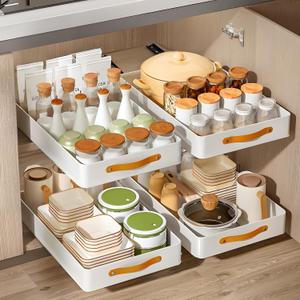 Pull out Cabinet Organizer,Heavy Duty Slide Out Drawers for Kitchen Cabinets, Pantry Shelves Fixed With Adhesive Nano Film,Pull Out Drawers with Leather Handle,12" W x19 D x 2.5" H(1PC)