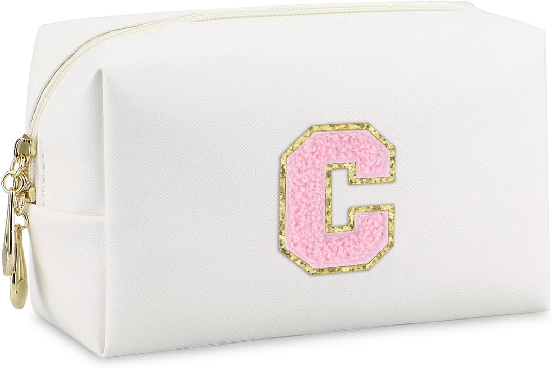 Initial Makeup Bag,Personalized preppy bag Waterproof PU Leather Chenille Letter Cosmetic Bag,Portable Travel Toiletry Bag Monogram Birthday Gift for Women Girls Mom Friends (Letter C) (White)