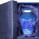 M MEILINXU Small Urns for Human Ashes Keepsake, Mini Urn for Ashes Adult Male & Female, Miniature Decorative Urns, Cremation Container, Blue Sky and White Clouds, Patriotic Flag, Veteran Urn - Little