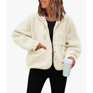 ReachMe Womens Sherpa Jacket Casual Lapel Button Down Cropped Fuzzy Fleece Jackets Long Sleeve Winter Coats with Pockets L Beige