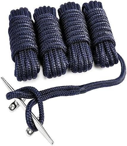 Young Marine 3/8 Inch x 15FT Double Braided Nylon Dock Lines Rope, Dock Line with 12 Inch Eyelet for Mooring Boats, Black (4 Pack, Navy Blue)
