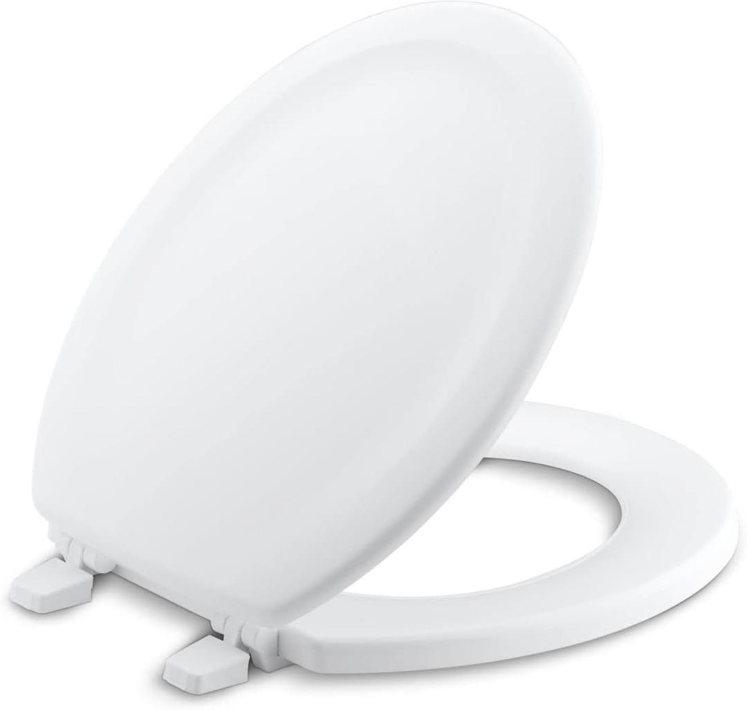 KOHLER 4648-0 Stonewood Round Toilet Seat, Round Wood Seat for Standard Toilets, Comes with Color-Matched Plastic Hinges, Home Essentials, White