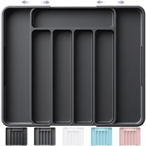 Kitsure Cutlery Drawer Organiser for Kitchen - Adjustable Cutlery Tray for Effortless Utensil Sorting, Versatile Kitchen Storage & Organisation Solution, 12.13" x 1.54" x 8.07"~13.90", Black (Medium)