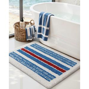 DEXI Striped Bath Mats for Bathroom 24x16, Washable Absorbent Bathroom Rugs with Non Slip Backing, Extra Soft Plush Microfiber Shower Rugs for Tub, Floor, Sink, Blue and Red