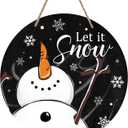 Deroro Winter Snowman Sign for Front Door Decor, Black Let It Snow Welcome Farmhouse Wood Door Hanger for Outdoor Outside Porch, Rustic Christmas Snowflakes Wooden Wreath Wall Hanging Decoration