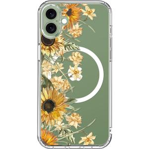 ICEDIO for iPhone 17 Case with Screen Protector - Wireless Charging Compatible, Enhanced Camera Protection,Slim Fit - Clear Cover with Trendy Floral Design for Women - Sunflowers and Yellow Floral