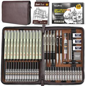 Nicpro 58 PCS Art Drawing Supplies Kit in Leather Case, Art Mechanical Pencil Set with Metal Drafting Pencil 0.3 & 0.5 & 0.7 & 0.9 & 2mm, 12 Micron Pen, Sketch Book, 30 Tube Lead Refills for Sketching