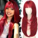 Eawwii Red Wig with Bangs, 26 Inch Synthetic, 4x4 Realistic Scalp | Free Parting, Layered Hairstyle, Heat-Safe Fiber, Natural Scalp Look, Comfortable for Daily Wear