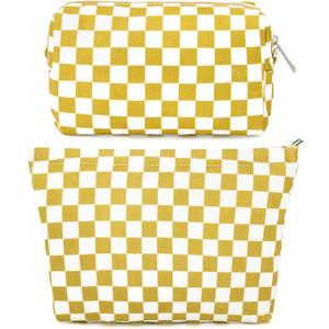 SOIDRAM 2 Pcs Checkered Makeup Bag Large Cosmetic Bag Toiletry Bag Makeup Pouch Travel Bag Organizer Cute Makeup Brushes Aesthetic Accessories Storage Bag for Women Golden Yellow