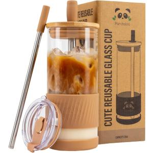Pandaloo Glass Tumbler with Dual Lids, Bamboo and Plastic, and Two Reusable Straws - Perfect for Boba and Other Drinks (1 Count (Pack of 1), Amber Sand)