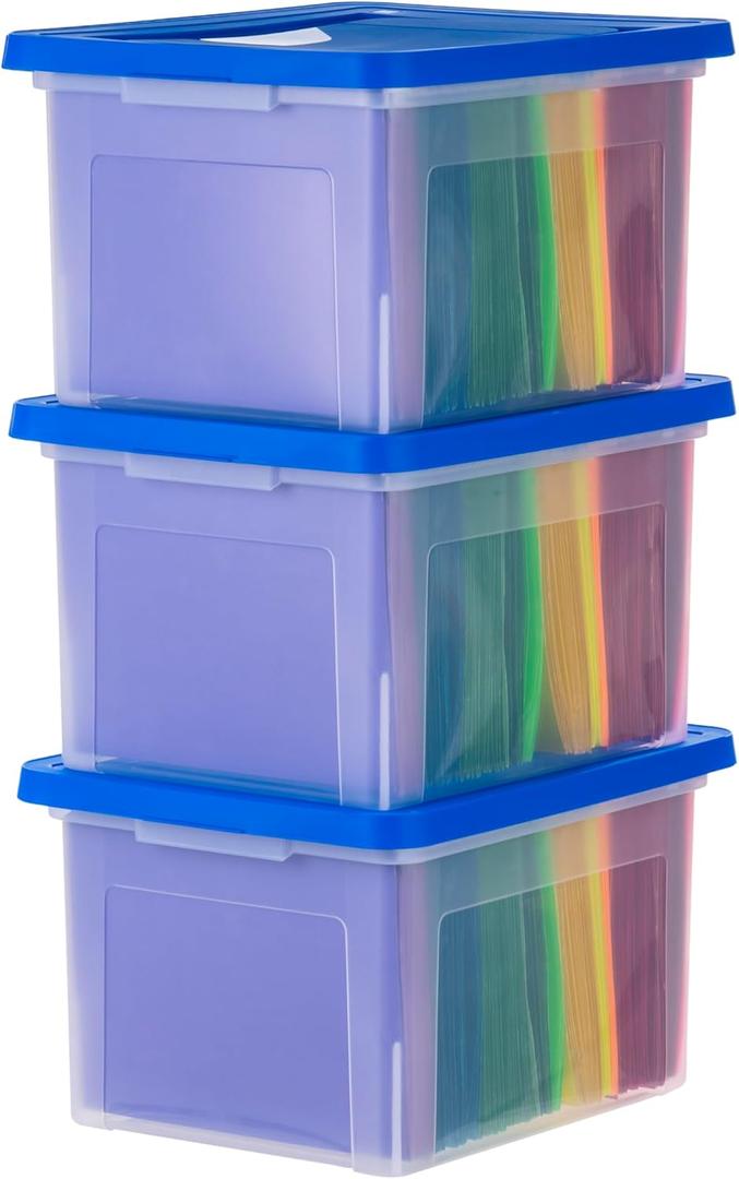 IRIS USA File Storage Box with Lid, Document Protection Box for Letter/Legal Files, Safety File Storage Container, Portable Stackable Filing Organizer, 35 Qt, 3 Pack, Clear/Blue