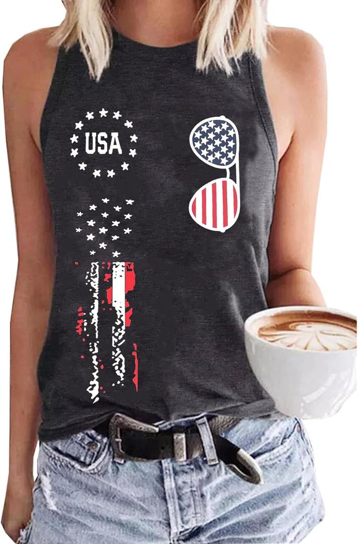 JMFXB 4th of July Tank Tops Women American Flag Shirts Sleeveless American Proud Tee (Black, M)