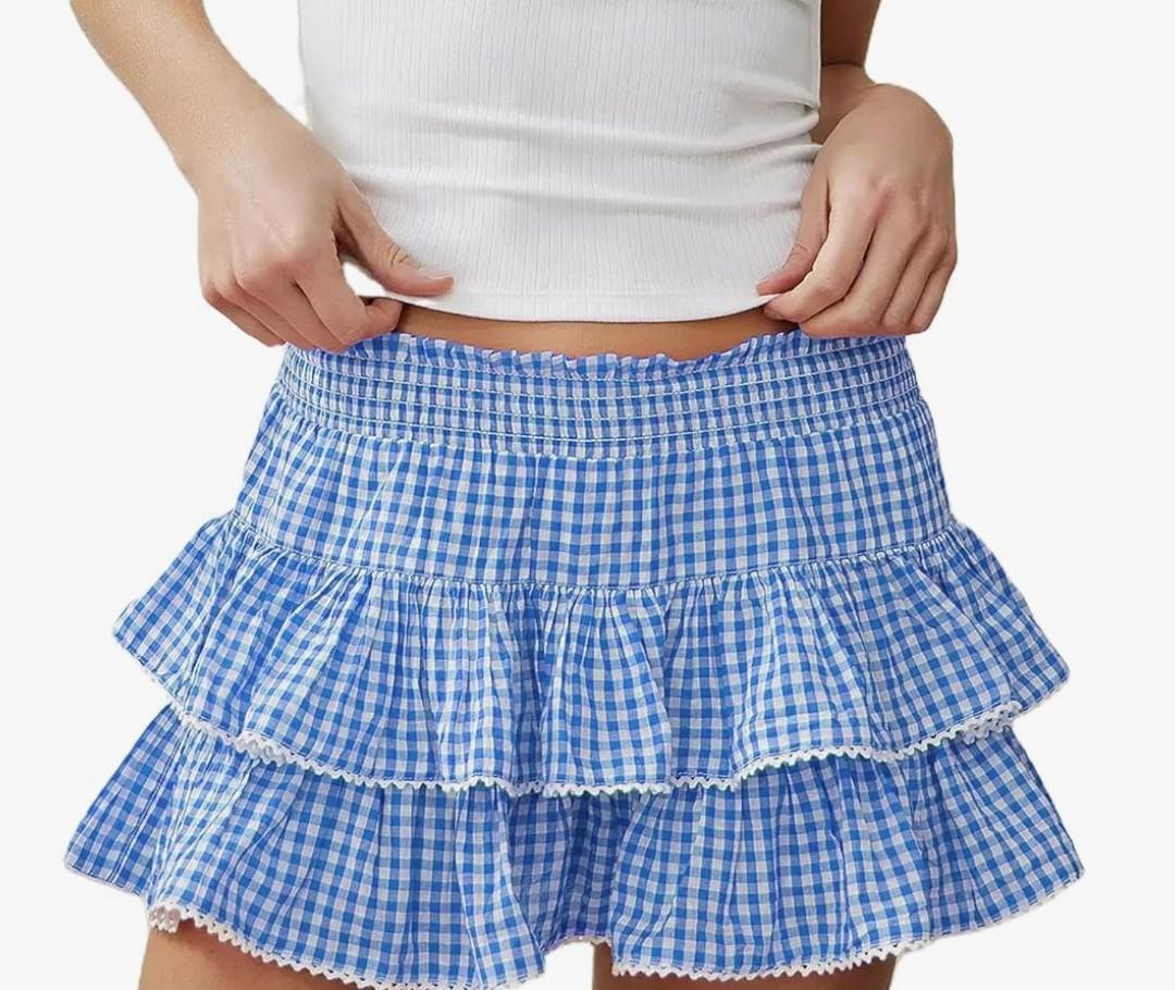 Women Y2k Plaid Ruffle Mini Skirt Flowy Layered Short Skirt Gingham A Line Skirts Cute Summer Streetwear, S