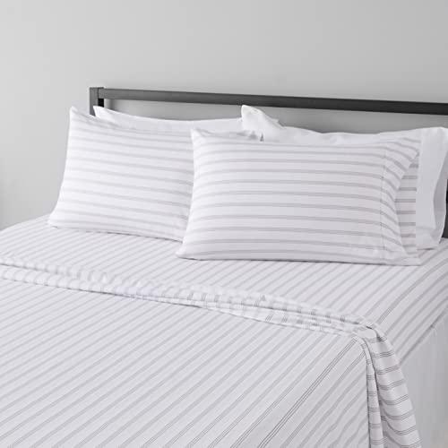 Amazon Basics Lightweight Super Soft Easy Care Microfiber 3 Piece Bed Sheet Set with 14-Inch Deep Pockets, Queen, Taupe Stripe, Striped