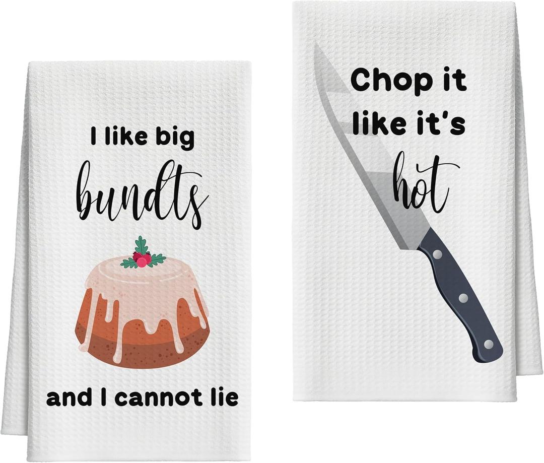 LSJEHTQ Kitchen Towels Set of 2, Bundts and Knife Dish Towel for Kitchen, Decorative Hand Towels for Bathroom, Fast Drying Tea Towel with Funny Sayings, Housewarming Xmas Gifts for Women Mom -B15