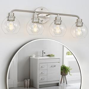 Bathroom Light Fixtures Brushed Nickel Vanity Light Silver 4 Light Modern Wall Sconces Lighting Bathroom Lights with Globe Glass Shade Bath Wall Lights for Mirror Kitchen Living Room Hallway 27 Inch