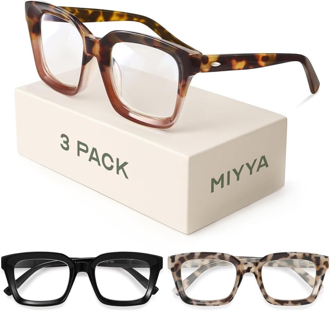 miyya Stylish Reading Glasses for Women, Cheaters Eyeglasses, Oversized Blue Light Readers, Fashion Eye Glasses (Black + Tortoise + Gray Leopard (3 Pack)) +1.0