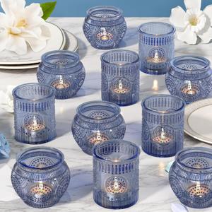 24 Pcs Blue Votive Candle Holders for Table Centerpiece, Vintage Glass Candle Holder Set for Wedding Decor Home Party Decoration