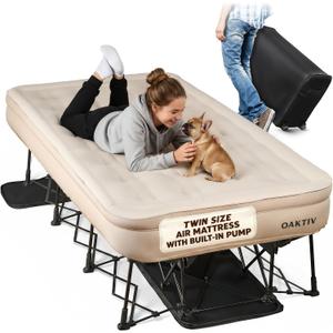 Oaktiv Twin Air Mattress with Frame, Self Inflating/Deflating Bed for Adults - PeakRest Blow Up Bed, Camping Cot with Mattress for Adults - Portable Twin with Travel Rolling Case on Wheels