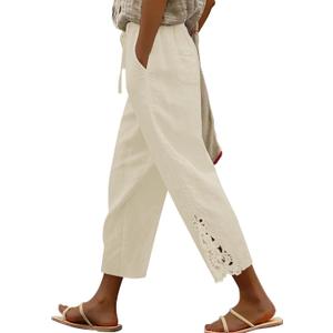 Angerella Womens Cotton Linen Pants Casual Lightweight Drawstring Elastic Waist Trousers Summer Lounge Pants with Pockets (Beige, XL)