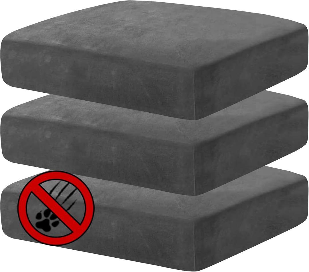 MAXIJIN Velvet Stretch Cushion Covers Fitted Couch Cushion Slipcovers Sofa Seat Cushion Covers for Individual Cushions with Elastic Bottom (3 Piece Sofa Seat Slipcovers, Gray)