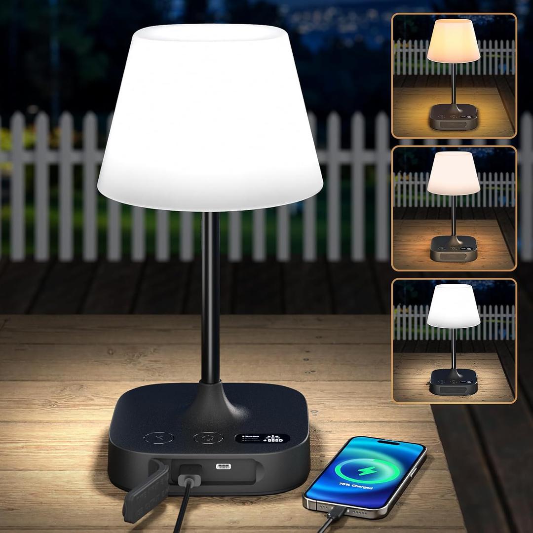 Lightbiz Outdoor Table Lamp - 8000mAh Cordless Rechargeable Battery, IP55 Waterproof, 3 Colors & 5 Brightness, Dimmable LED Display Touch Lamp for Camping, Bedroom, Patio (Black)